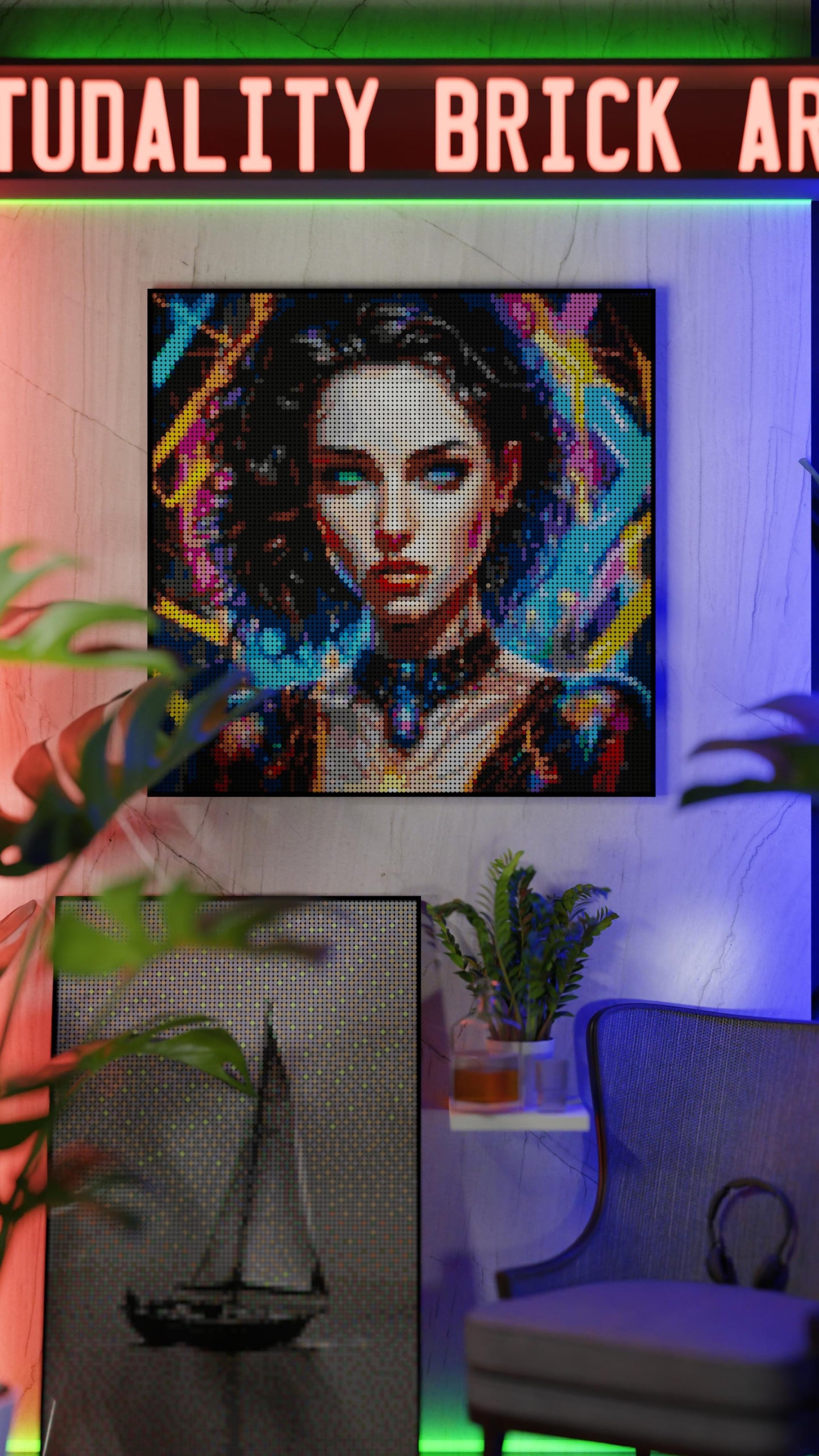 Temporal Ravette LEGO® Style mosaic wall art made from colorful plastic bricks